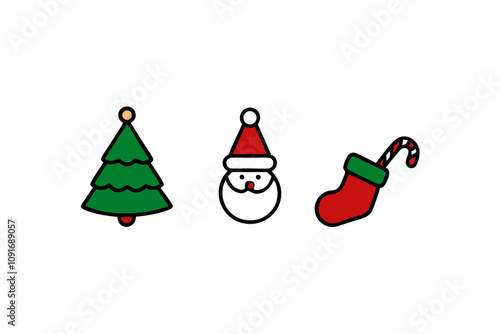 Christmas elements set icons design. Christmas collection of bells, santa, deer, angel, nutcracker, cookies, showman, snowstar, drums, mitten, candy, sock, tree