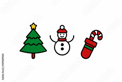 Christmas elements set icons design. Christmas collection of bells, santa, deer, angel, nutcracker, cookies, showman, snowstar, drums, mitten, candy, sock, tree