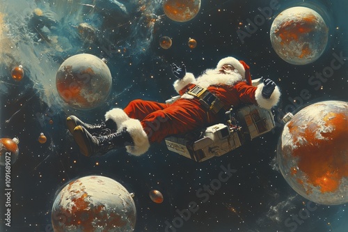 Festive Santa Claus floating in outer space with planets photo