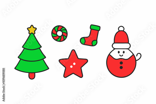 Christmas elements set icons design. Christmas collection of bells, santa, deer, angel, nutcracker, cookies, showman, snowstar, drums, mitten, candy, sock, tree