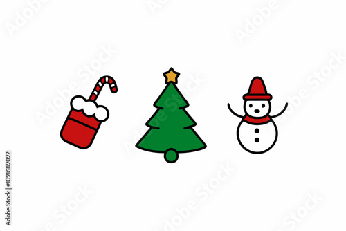 Christmas elements set icons design. Christmas collection of bells, santa, deer, angel, nutcracker, cookies, showman, snowstar, drums, mitten, candy, sock, tree