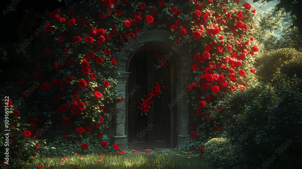 Fototapeta premium Mystical garden with a secret door overgrown with red roses. Secret Garden Door. Illustration