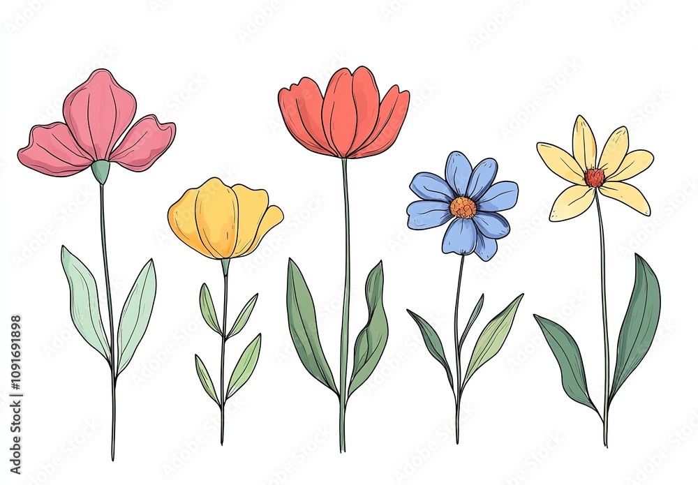 Fototapeta premium Colorful simple wildflowers with vibrant petals and green leaves in hand drawn style. Botanical illustration perfect for cards, art prints or textile design.