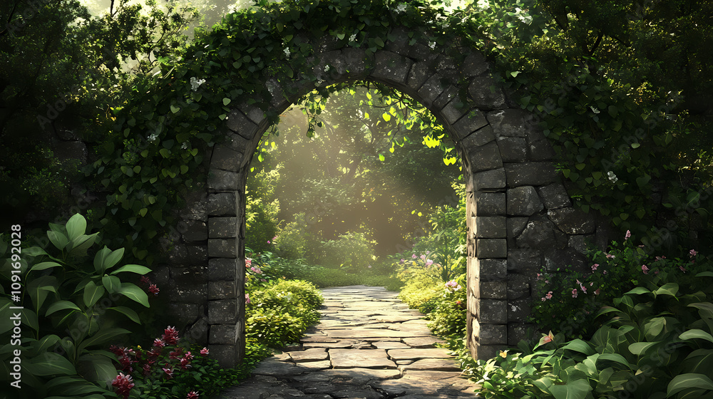Obraz premium Stone archway leading to a lush garden. Secret Garden Door. Illustration