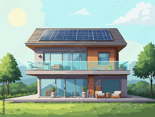 Illustration vector of a modern two-story house with a flat roof, large windows and a solar panel on the roof. The house is surrounded by lush green trees.
