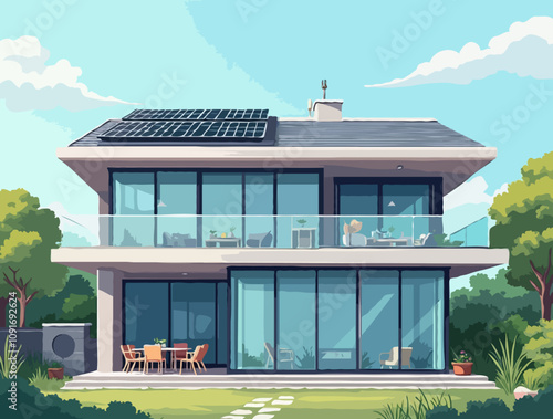 Illustration vector of a modern two-story house with a flat roof, large windows and a solar panel on the roof. The house is surrounded by lush green trees.