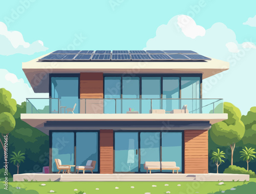 Illustration vector of a modern two-story house with a flat roof, large windows and a solar panel on the roof. The house is surrounded by lush green trees.