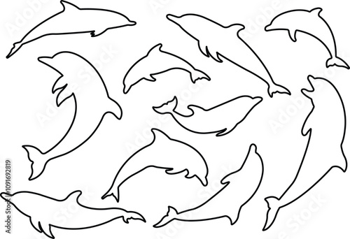 Jumping dolphin fish icon in line set. vector for apps or website dolphin leaps over the water art sketch style marine mammal Bottlenose dolphin isolated on transparent background