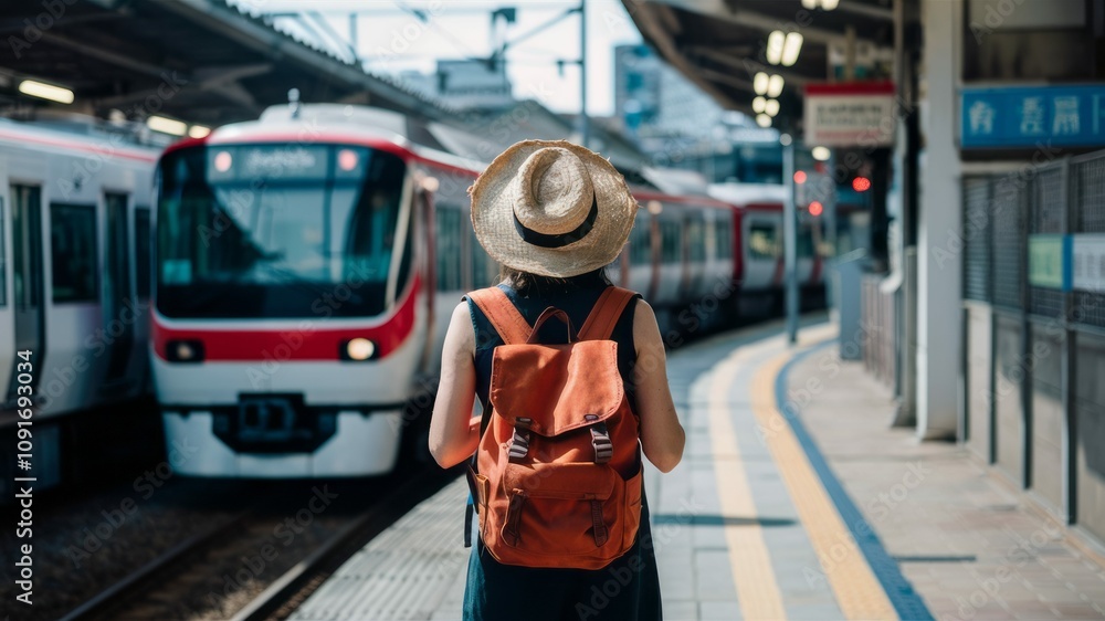 Obraz premium The Journey Begins: A young woman in a sun hat, with a backpack, awaits a train at a station, ready for adventure and travel