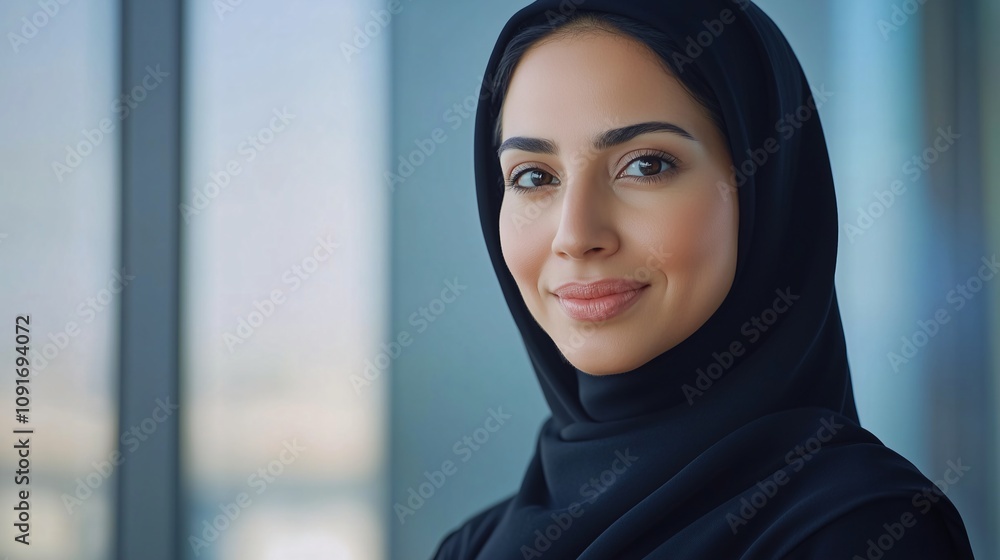 Middle Eastern Woman in Black Hijab Smiling in Bright Office Setting Middle Eastern Woman in Black Hijab Smiling in Bright Office Setting