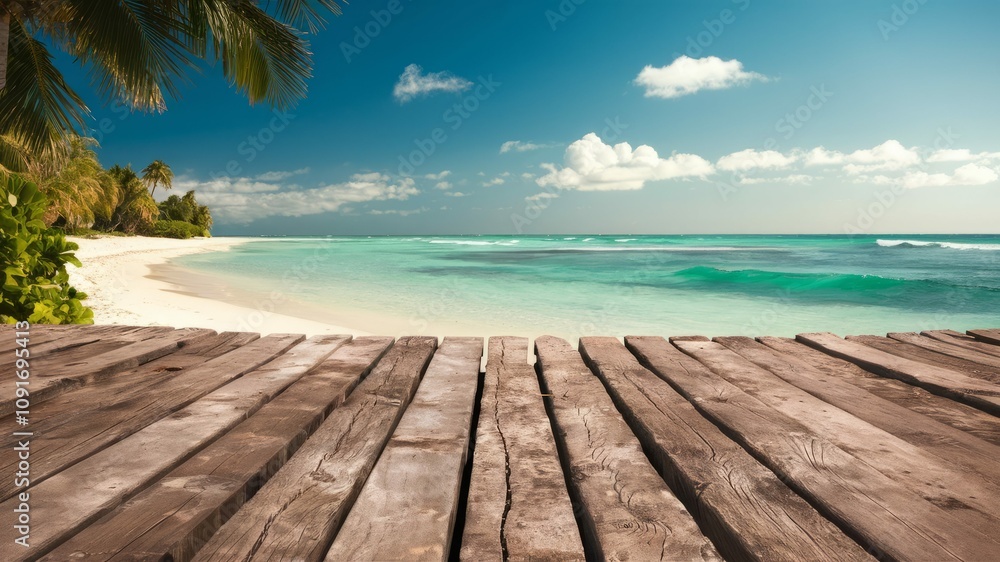 Fototapeta premium Serene Beachfront Vista: Capturing the essence of paradise, this photo showcases a wooden deck leading to a stunning seascape with turquoise waters, a sandy beach, and a clear blue sky.