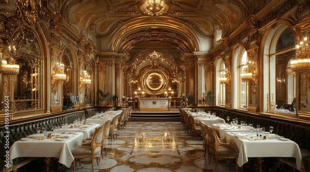 Fototapeta premium Elegant dining room with ornate decor, mirrors, and chandeliers for fine dining experiences.