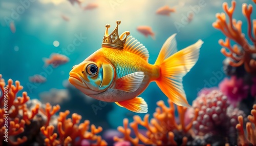 A goldfish with a crown on its head in the sea, cartoon picture, created with the help of AI
