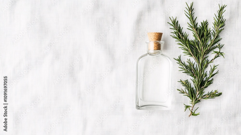 Obraz premium Glass bottle with cork and fresh rosemary on a white linen background