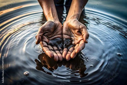 hand cupping dirty polluted black river water, pollution awareness concept photo