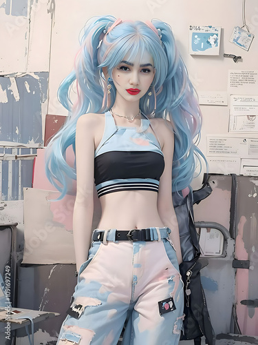 Cartoon image of a girl model in the studio
