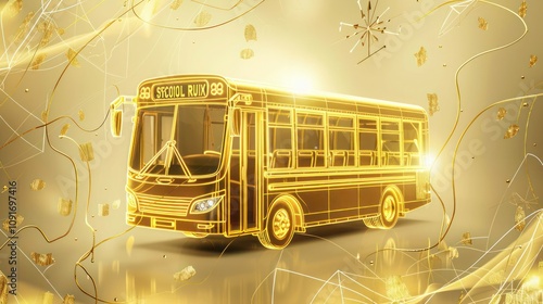 A configuration of gold and yellow pencils used to depict a special edition school bus, surrounded by a luxury outline on a soft golden background