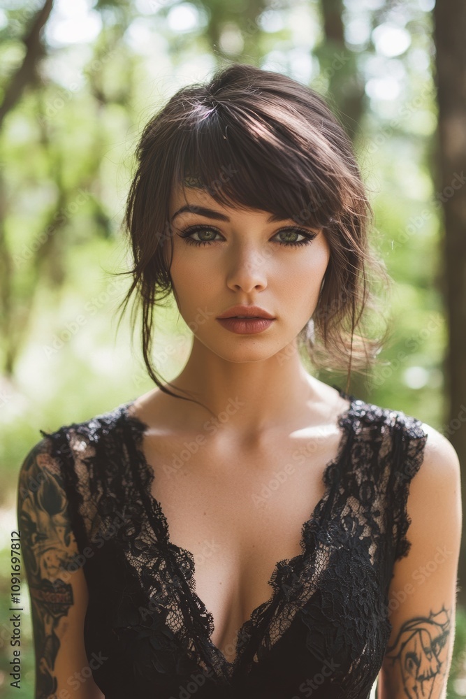 Naklejka premium Portrait of a beautiful young woman wearing a black lace dress with tattoos, perfect for fashion or music industry use Generative AI