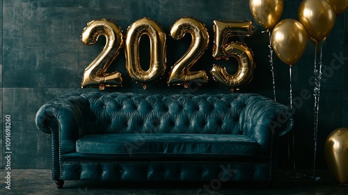 Warm New Year's Eve celebration decor featuring 2025 balloons in the living room.