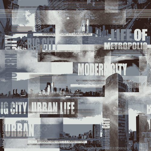 Abstract seamless pattern with newspaper headlines, urban landscapes. Chaotic vector background on the theme of city life in retro style. Wallpaper, wrapping paper, fabric design