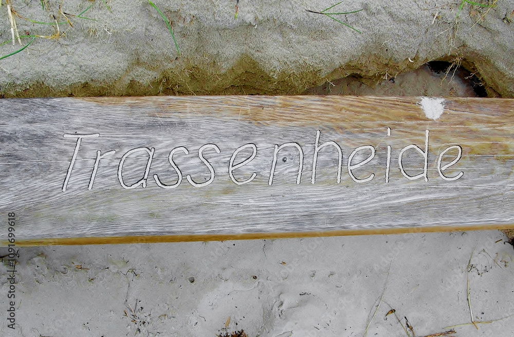 Holzbank mit der Aufschrift Trassenheide