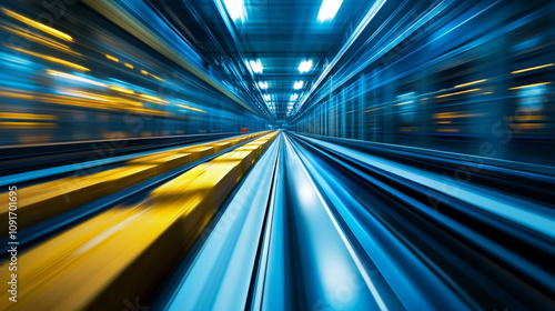 High Speed Rail Futuristic Transport Blue Yellow Tracks Motion Blur Modern Railway Fa