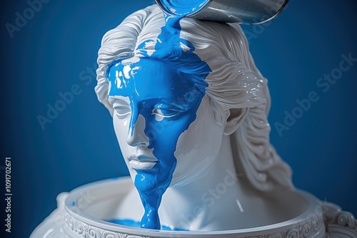 Blue paint A can of serene blue paint being poured over the head of a white ancient Greek statue in an environmental demonstration photo