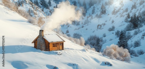 A tiny mountain cabin tucked away in a snowy valley, with smoke curling from the chimney and a blanket of snow covering the ground. photo