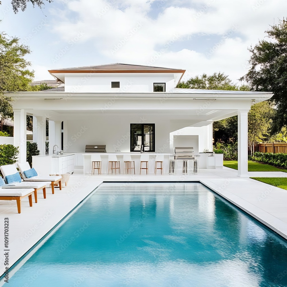 Fototapeta premium Poolside outdoor kitchen with chic white finishes and an open seating plan