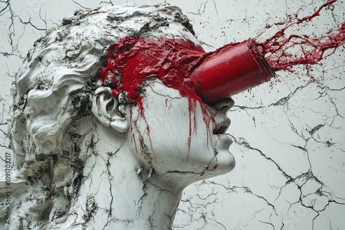 Bold action A can of red paint being poured over the head of a white ancient Greek statue in an environmental protest photo