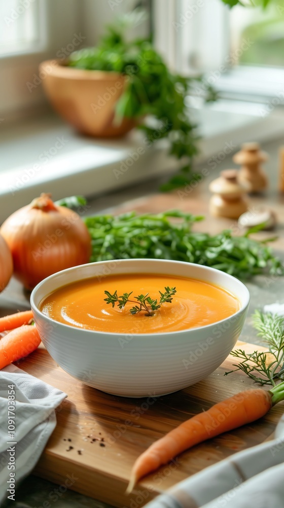 A bowl of bright orange cream of soup garnished with a sprig of fresh thyme. Fresh ingredients that create a feeling of home comfort and naturalness. A bowl of bright orange cream of soup garnished with a sprig of fresh thyme. Fresh ingredients that create a feeling of home comfort and naturalness.