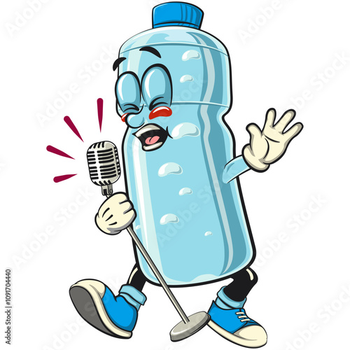 water plastic bottle cartoon mascot character sing earnestly with maximum style, vector illustration isolated, work of hand drawn
