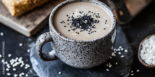 A black sesame latte in a stone mug, with a drizzle of black sesame paste and white sesame garnish