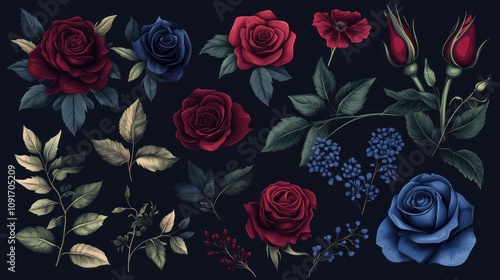 Set of floral elements featuring roses in red burgundy and navy blue with green leaves suitable for decorative cards or invitations photo