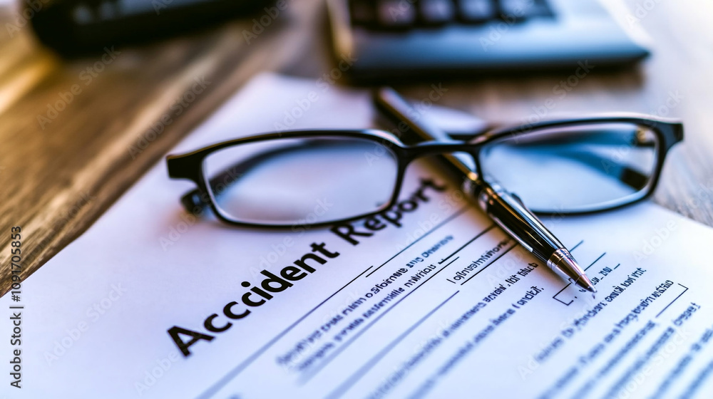 Accident Report Form Glasses Pen Desk Closeup Accident Report Form Glasses Pen Desk Closeup