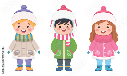Happy and smiling kids in winter clothes on white background. Vector illustration in flat cartoon style.