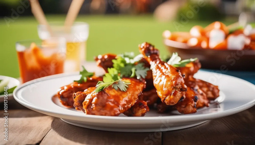 Buffalo wings on a plate with blurred garden in the background, ai