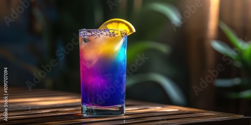 A color-changing butterfly pea flower tea served with a lemon wedge on the side, vibrant and interactive photo