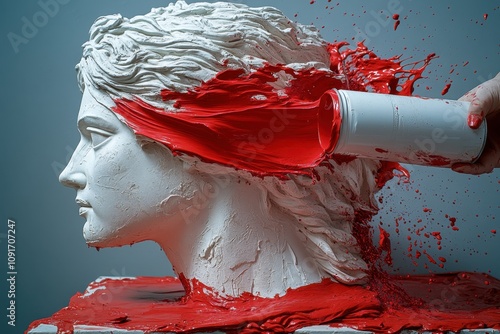 Environmental commitment A can of red paint being poured over the head of a white ancient Greek statue in an environmental protest photo