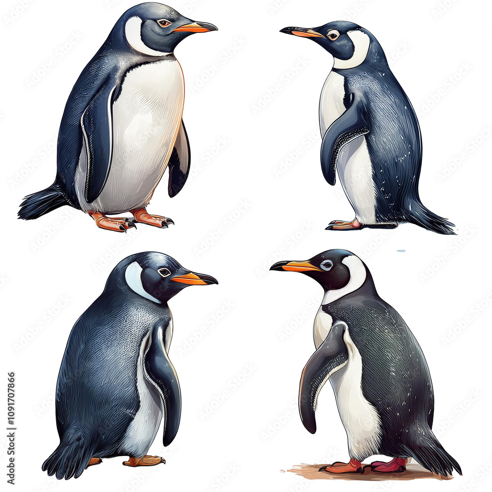 Obraz premium set of penguin in different positions isolated on white background, cut out 