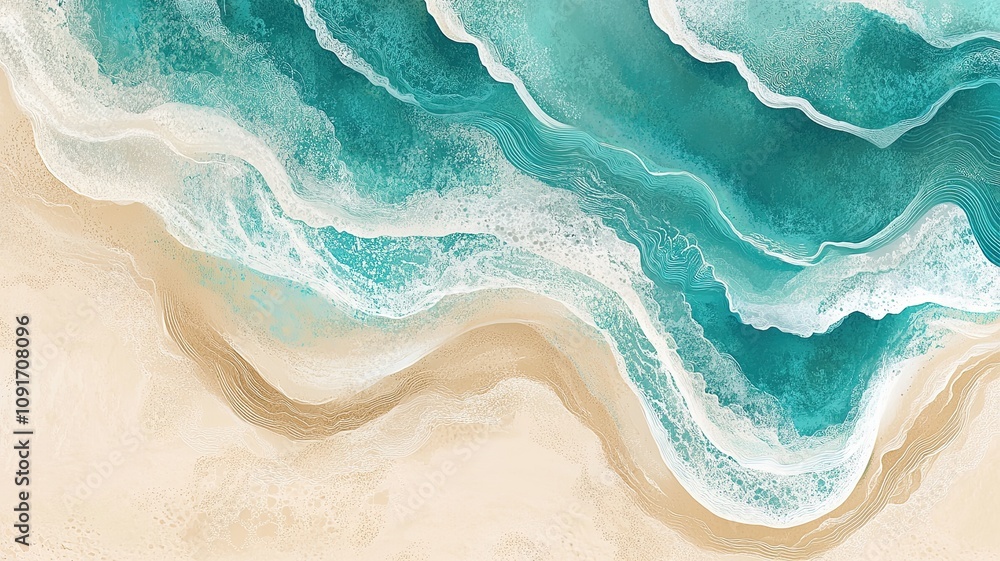 Obraz premium Coastal Serenity: Abstract Teal Ocean Waves on Sandy Beach 