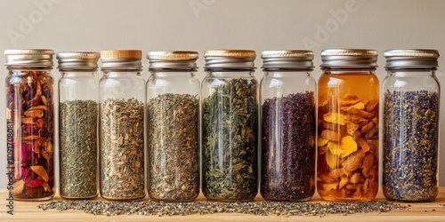 A do-it-yourself wellness tea kit with loose herbs, honey, and reusable glass bottles photo