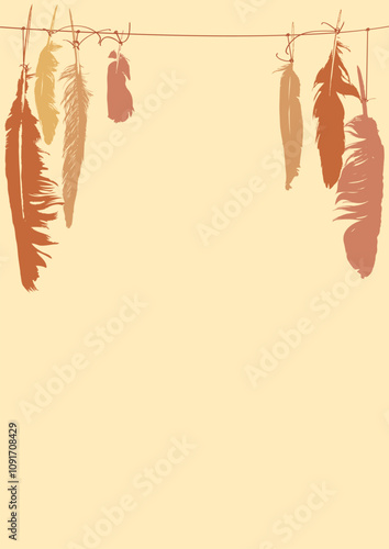 A4 vector banner on the theme of paganism, magic and witchcraft with bird feathers in the folk style of American Indians