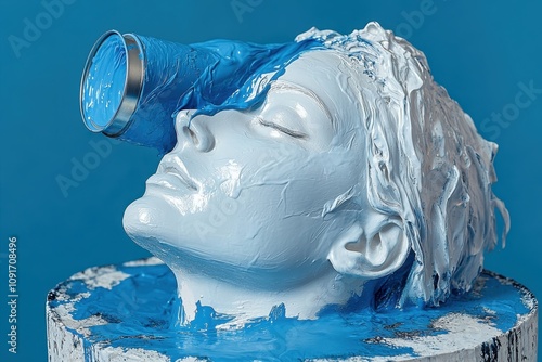 Greek masterpiece A can of serene blue paint being poured over the head of a white ancient Greek statue in an environmental demonstration photo