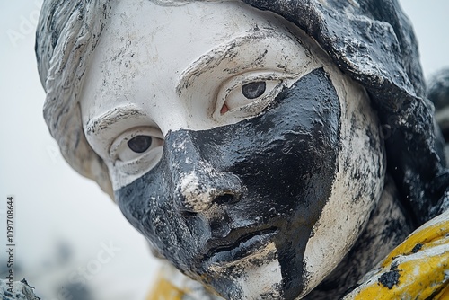 Greek sculpture A white ancient Greek statue being drenched in black paint by an activist in balaclava promoting sustainable practices. photo