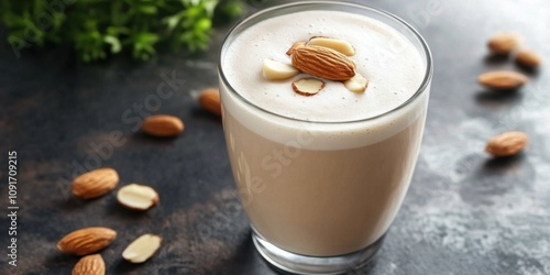 A frothy almond milk latte sweetened with agave syrup, served with a fresh almond garnish photo