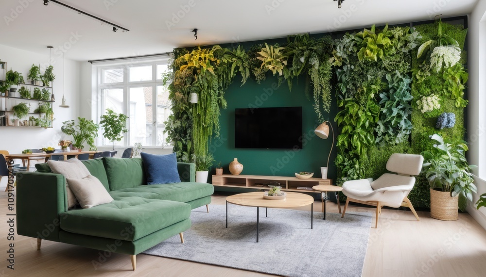Fototapeta premium innovative living room design with furniture integrated into a green plant wall 