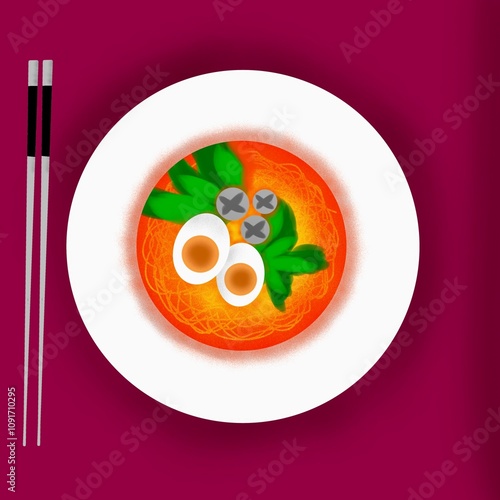 Meatball Noodles Illustration with a Maroon Background