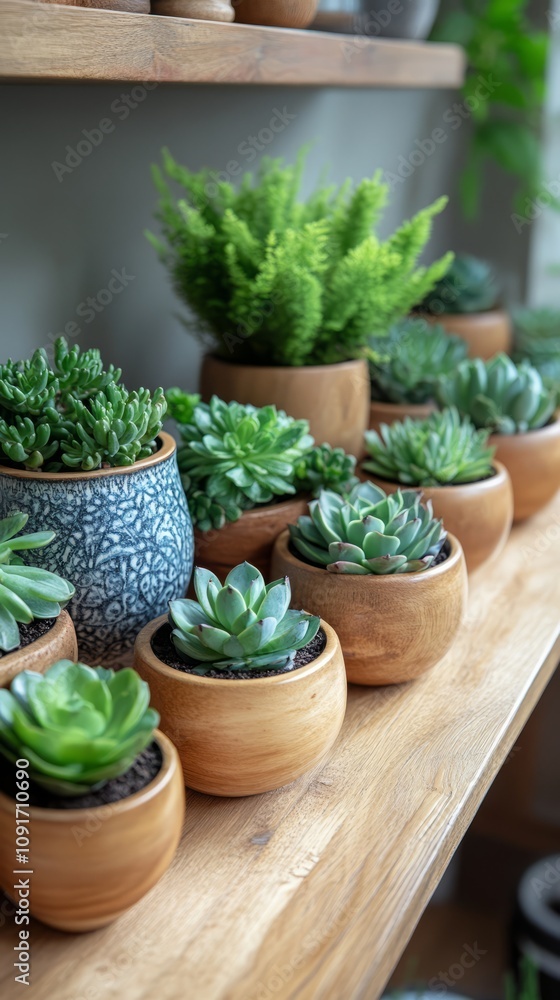 Fototapeta premium A delightful assortment of lush green succulents in various shapes and sizes adorns a rustic wooden shelf