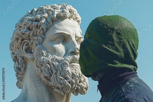 Mossy shade A white ancient Greek statue being covered in green paint by an environmental advocate in balaclava to emphasize the importance of conservation photo